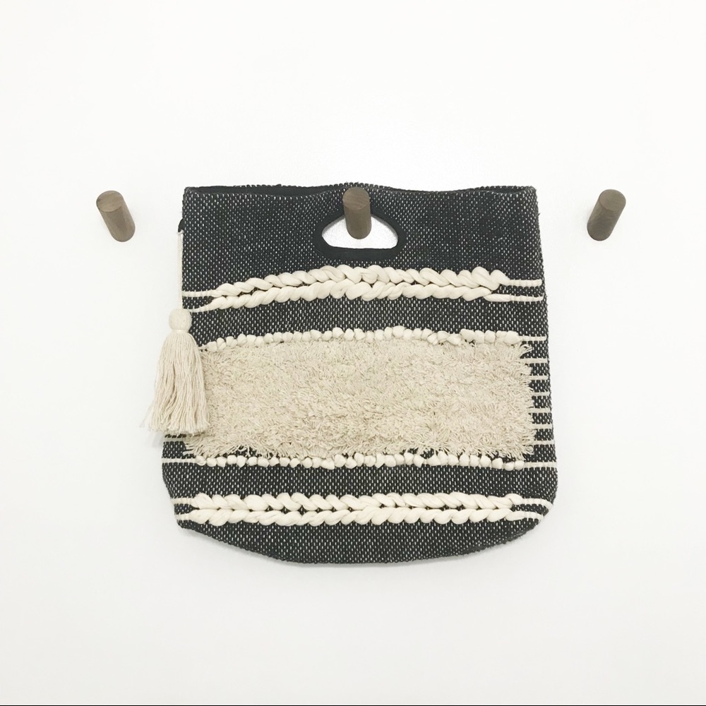World Market Boho Black & White Large Tassel Bag